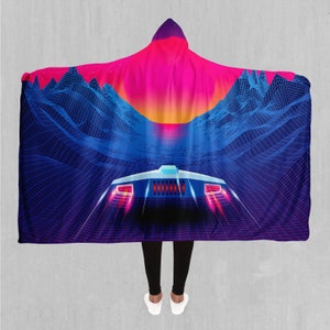 Into The Sunset Retro Vaporwave Sherpa Microfleece Cape Hooded Blanket