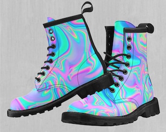 Holographic Women&#39;s Lace-Up Faux Leather Boots