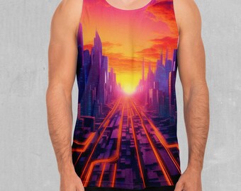 Neon Skyline Retro Vaporwave Synthwave Men's Tank Top Muscle Sleeveless Shirt