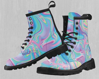 Holographic Women's Lace-Up Faux Leather Boots