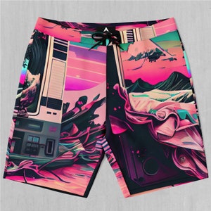 Digital Tsunami Board Shorts Men&#39;s Bathing Suit Swim Trunks With Pockets and Drawstring