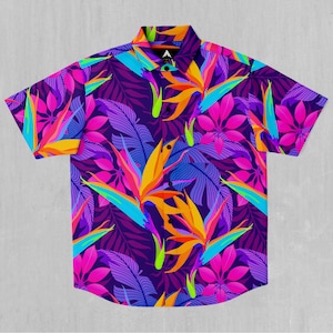 Neon Jungle Tropical Floral Pattern Abstract Short Sleeve Button Down Collared Shirt