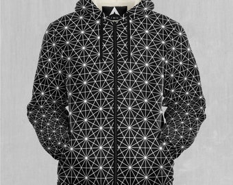 May include: Black zippered hoodie with a white geometric pattern. The hoodie has a fleece lining and a black zipper.
