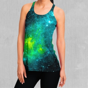 May include: A sleeveless tank top with a galaxy print featuring shades of blue, green, and yellow. The print resembles a nebula with stars.