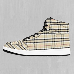 Beige Plaid High Top Sneakers, High Top Shoes