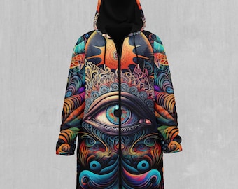Cosmic Eye Mandala Psychedelic Colorful EDM Rave Festival Sherpa Lined Hooded Zip Up Cloak