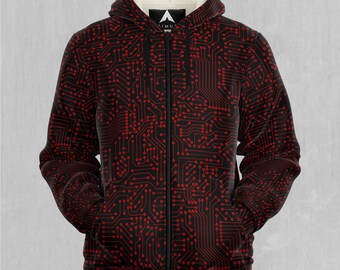 Red Cybernetic Abstract Pattern Futuristic Sherpa Microfleece Zip-Up Hoodie