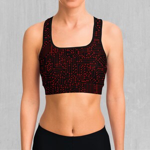 Red Cybernetic Abstract Sports Bra, Women&#39;s Sports Bra, Workout Bra, Yoga Bra, Sports Bra For Women, Compression Bra