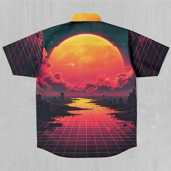Cyber Skyline Synthwave Short Sleeve Vaporwave Button Down