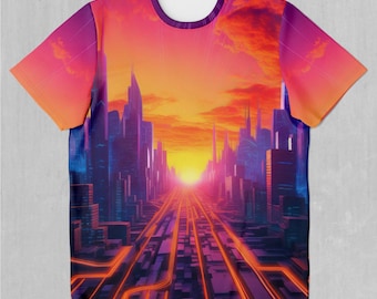 Camiseta con estampado integral de estilo retro vaporwave y synthwave de horizonte neón