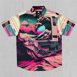 Digital Tsunami Short Sleeve Vaporwave Button Down Collared Shirt