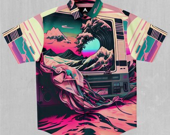 Digital Tsunami Short Sleeve Vaporwave Button Down Collared Shirt