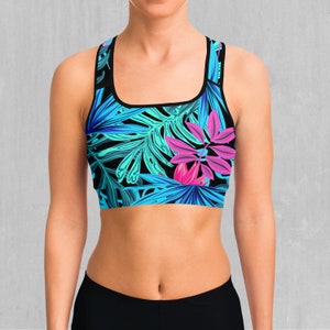 Neon Lush Tropical Floral Pattern Sports Bra, Women&#39;s Sports Bra, Workout Bra, Yoga Bra, Sports Bra For Women, Compression Bra