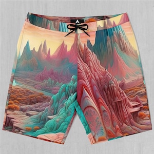 Dream Canyon Psychedelic Board Shorts Men&#39;s Bathing Suit Swim Trunks With Pockets and Drawstring