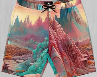 May include: A pair of colorful swim trunks with a psychedelic mountain landscape print. The trunks have a drawstring waist and a black triangle logo on the front.