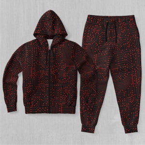 Red Cybernetic Zip-Up Hoodie and Joggers Set Tracksuit