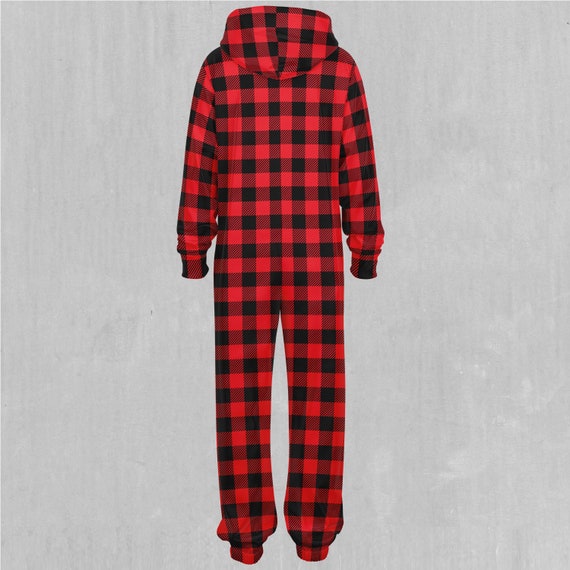 AzimuthClothingStore Red Checkered Plaid Adult Zip Up Jumpsuit Pajamas