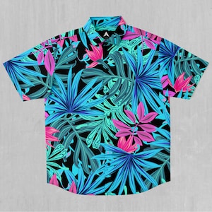 Neon Lush Floral Short Sleeve Button Down Collared Shirt