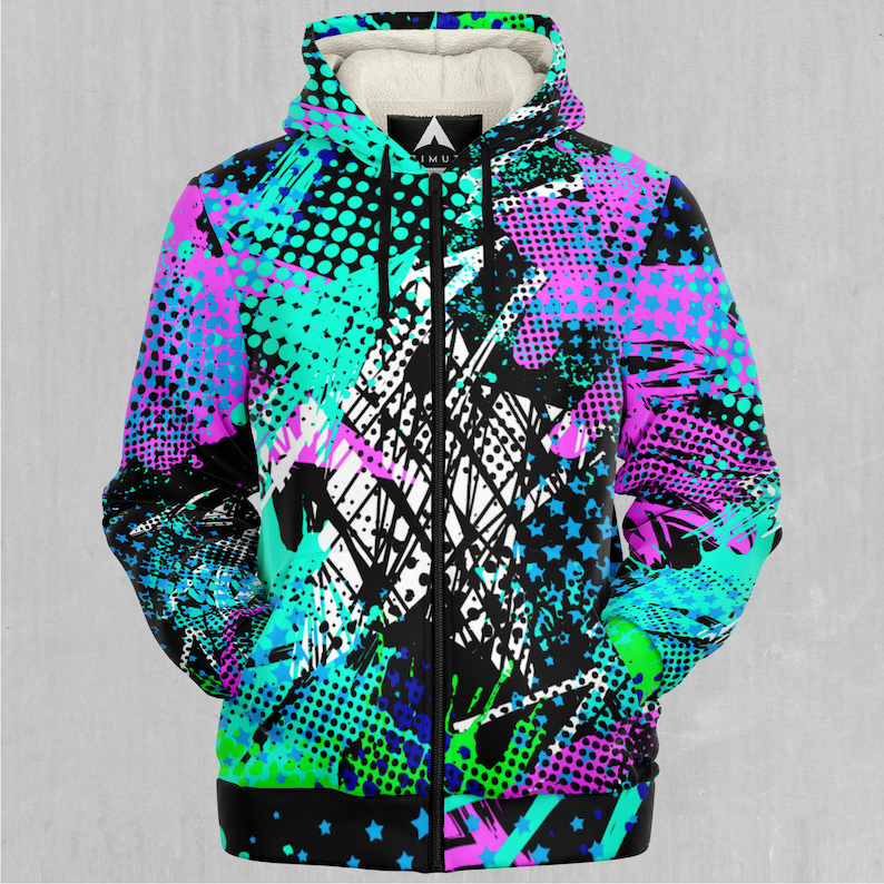 May include: A black zip-up hoodie with a colorful abstract print featuring pink, blue, green, and white paint splatters, stars, and polka dots.