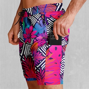 Vault Tropic Floral Pattern Men&#39;s 2 in 1 Compression and Athletic Gym Shorts