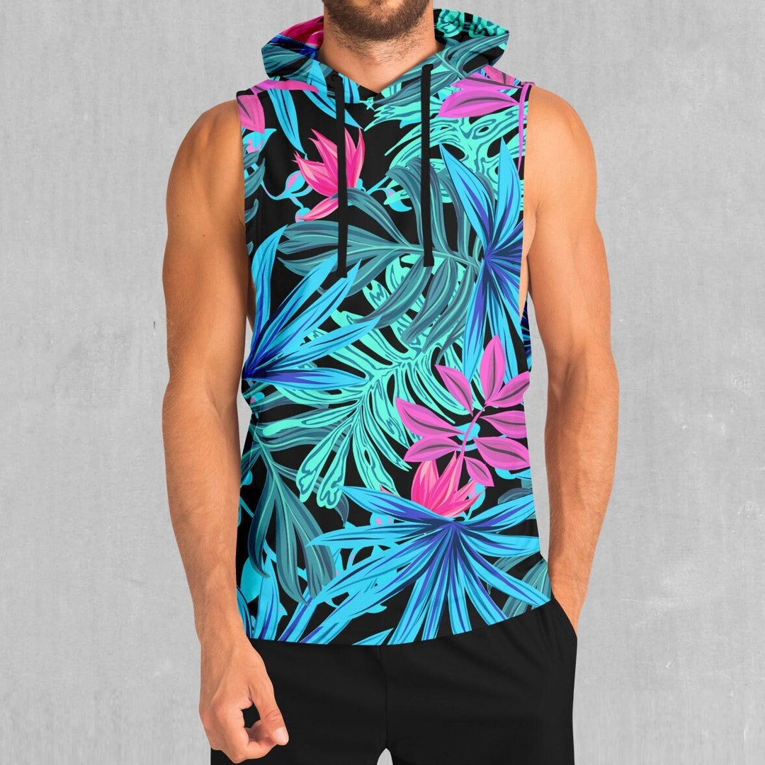 Polyester Rave Shirts Neon Lush Tropical Floral EDM Rave Festival Polyester Sleeveless Hoodie ...