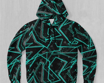 May include: Black hooded sweatshirt with a teal and gray geometric pattern. The pattern is made up of lines and shapes that create a modern and abstract design.