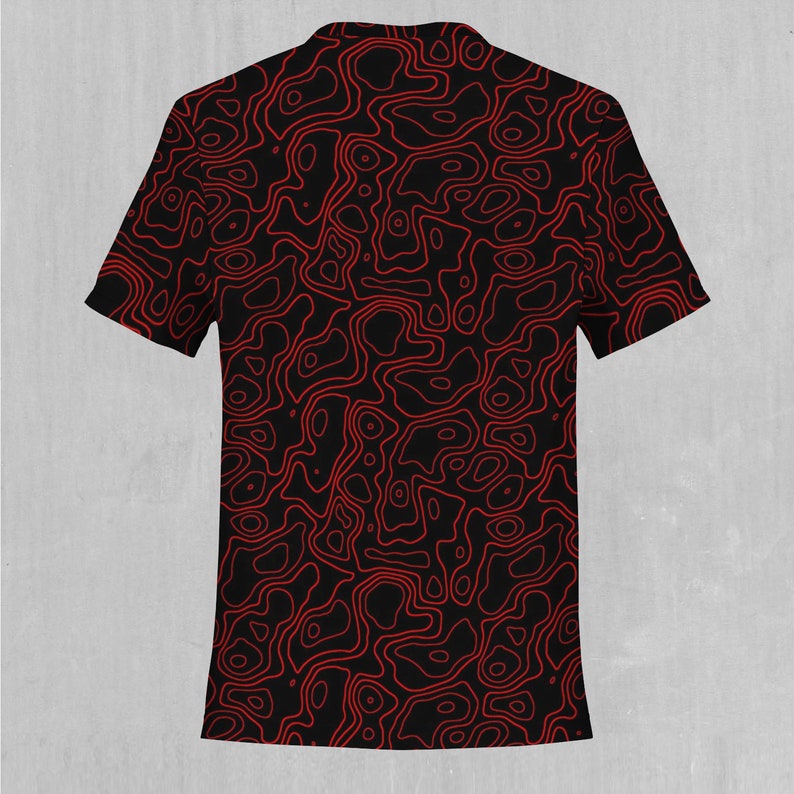 May include: Black t-shirt with a red topographic pattern.