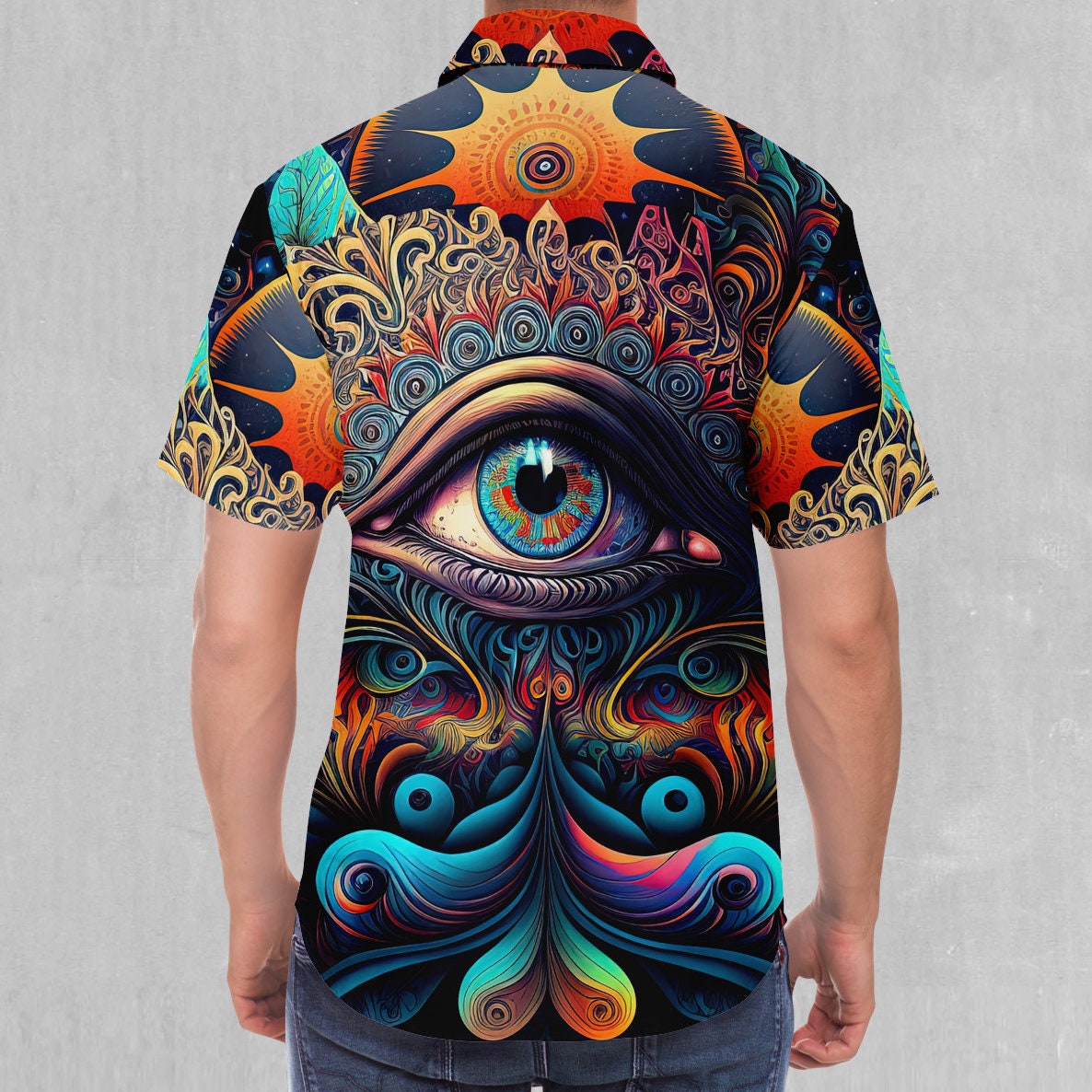 【CPGN STUDIO】Mooncatcher Pigment Artwork Short Sleeve Cosmic Eye Mandala Psychedelic Short Sleeve Button Down