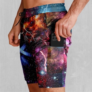 Galaxies Collide Outer Space Men&#39;s 2 in 1 Compression and Athletic Gym Shorts