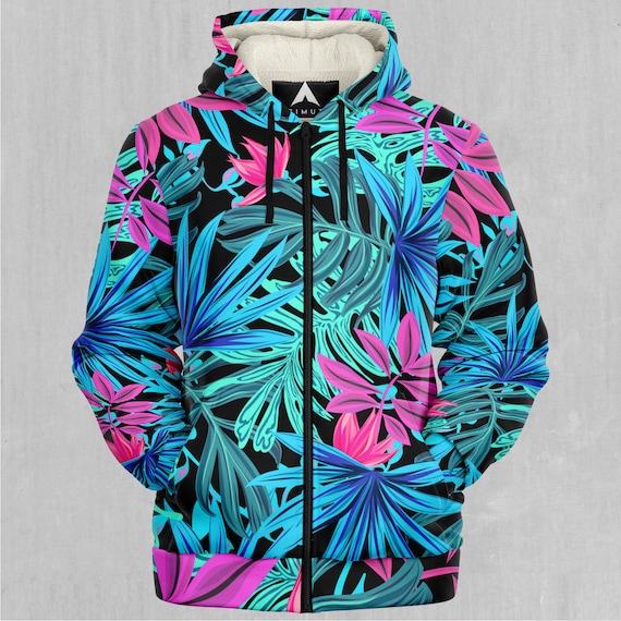 Neon Lush Retro Vaporwave Tropical Pattern Sherpa Microfleece Zip-Up Hoodie