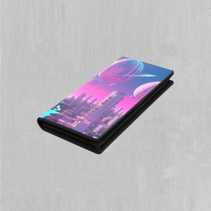 Electric Skyline Vaporwave Retro Portefeuille à deux volets avec fermeture à pression pour femme