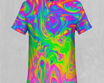 May include: A short-sleeved t-shirt with a psychedelic, tie-dye pattern in bright colors like pink, blue, green, and yellow.