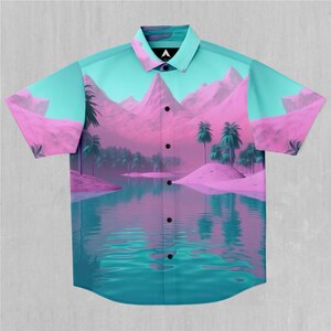 River of Bliss Vaporwave Short Sleeve Button Down Collared Shirt