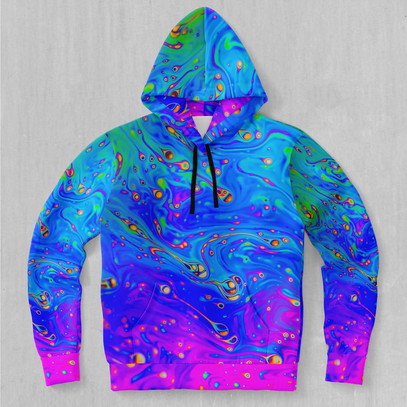 May include: A blue, green, and pink hoodie with a psychedelic swirl pattern. The hoodie has a drawstring hood and a kangaroo pocket.