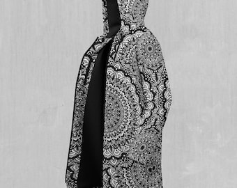 Floral Mandala Rave Festival Sherpa Lined Hooded Zip Up Cloak