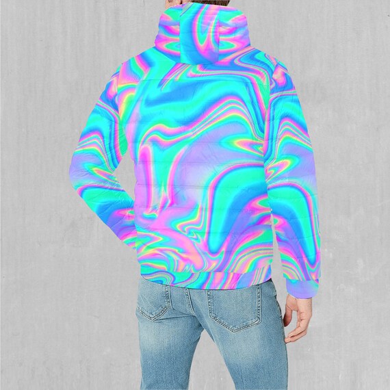 Blue and purple holographic bubble coat online