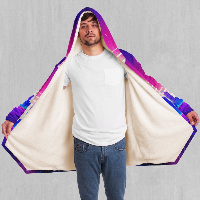 Cyber City Vaporwave Retro EDM Rave Festival Sherpa Lined Hooded Cloak