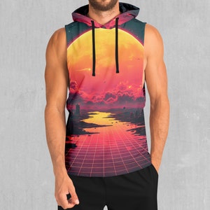 Cyber Skyline Synthwave City EDM Rave Festival Polyester Ärmelloser Hoodie