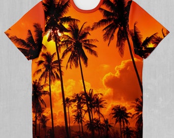 Camiseta del festival rave EDM tropical con palmeras y puesta de sol exuberante