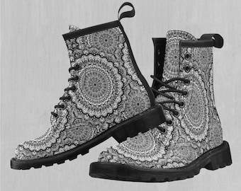 Floral Mandala Floral Pattern Women's Lace-Up Faux Leather Boots