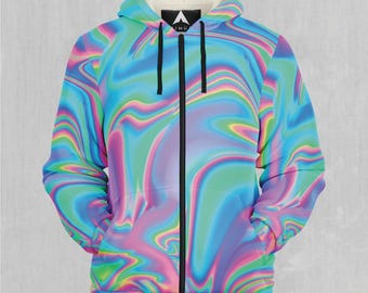 Holographic Pastel Vaporwave Abstract Sherpa Microfleece Zip-Up Hoodie