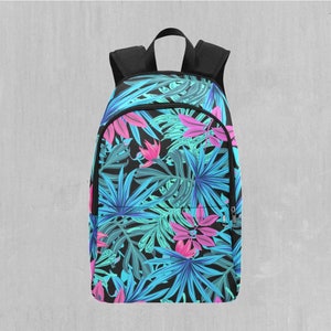 May include: A black backpack with a tropical print featuring blue, green, and pink leaves and flowers.