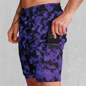Royalty Purple Camo Men&#39;s 2 in 1 Compression and Athletic Gym Shorts