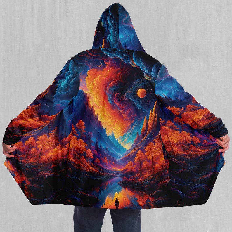Wonderland Valley Psychedelic Abstract EDM Rave Festival Sherpa Lined Hooded Cloak image 1
