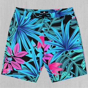 Neon Lush Tropical Floral Board Shorts Herren Badeanzug Badehose mit Taschen und Kordelzug