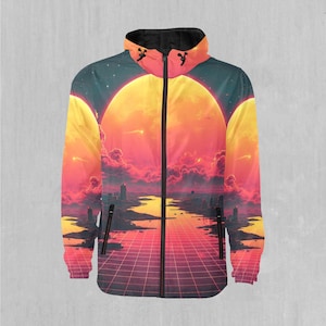 Cyber Skyline Vaporwave Retro Synthwave Snowboarding Windbreaker and Ski Windbreaker Jacket