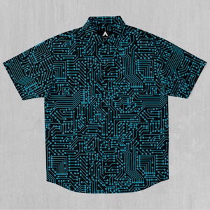 Blue Cybernetic Short Sleeve Button Down Collared Shirt