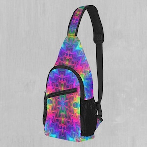 May include: A colorful, psychedelic-patterned sling bag with a black adjustable strap. The bag has a zippered pocket on the front and a mesh pocket on the side.