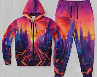 Neon Skyline Retro Synthwave Zip-Up Hoodie and Joggers Set Tracksuit
