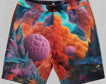 May include: A pair of colorful swim trunks with a psychedelic print featuring clouds, mountains, and planets. The print is in shades of orange, pink, blue, and green.